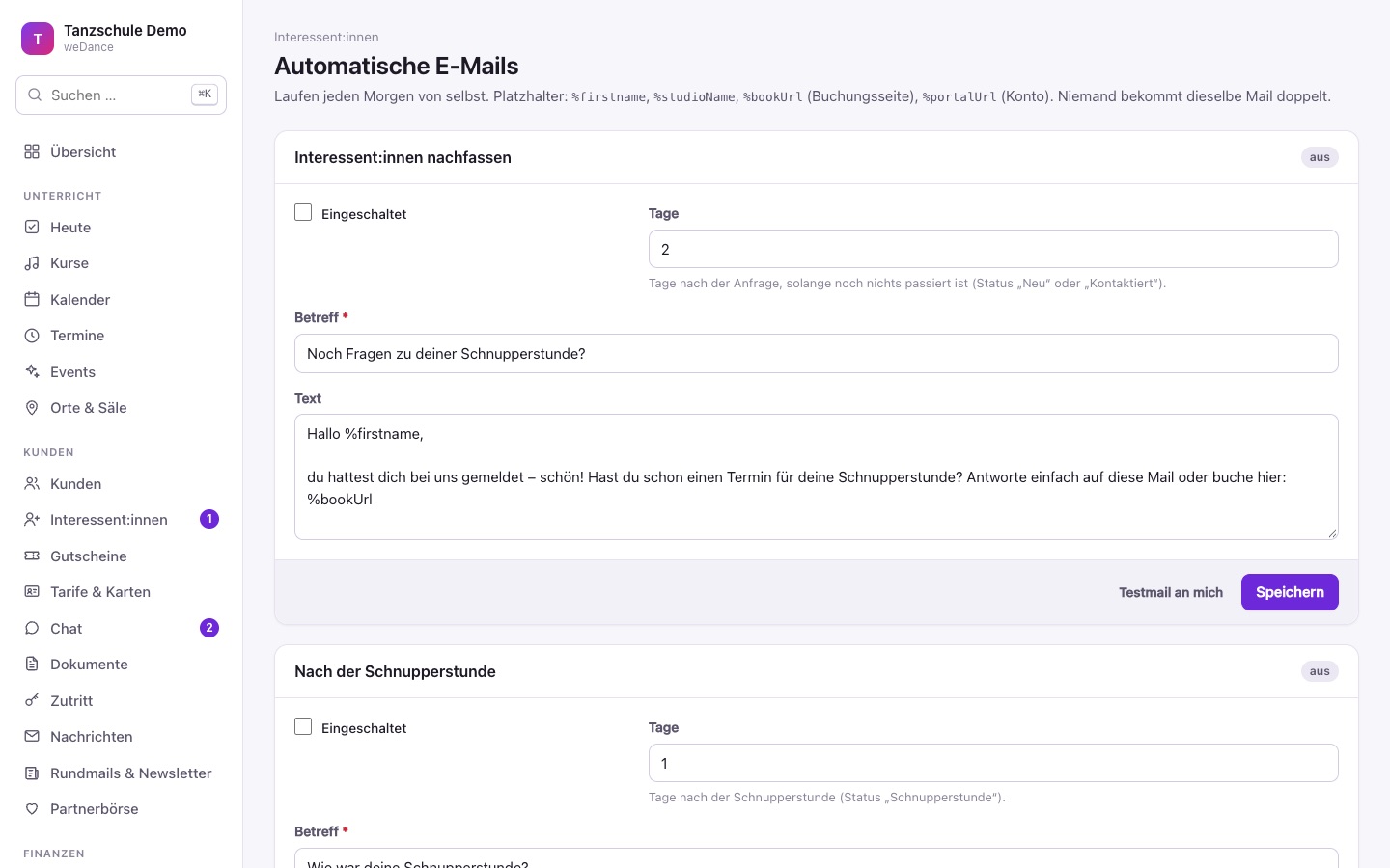 Einstellungen der automatischen E-Mails