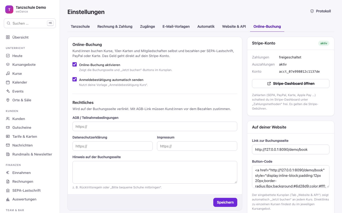 Einstellungen & Sonstiges in weDance