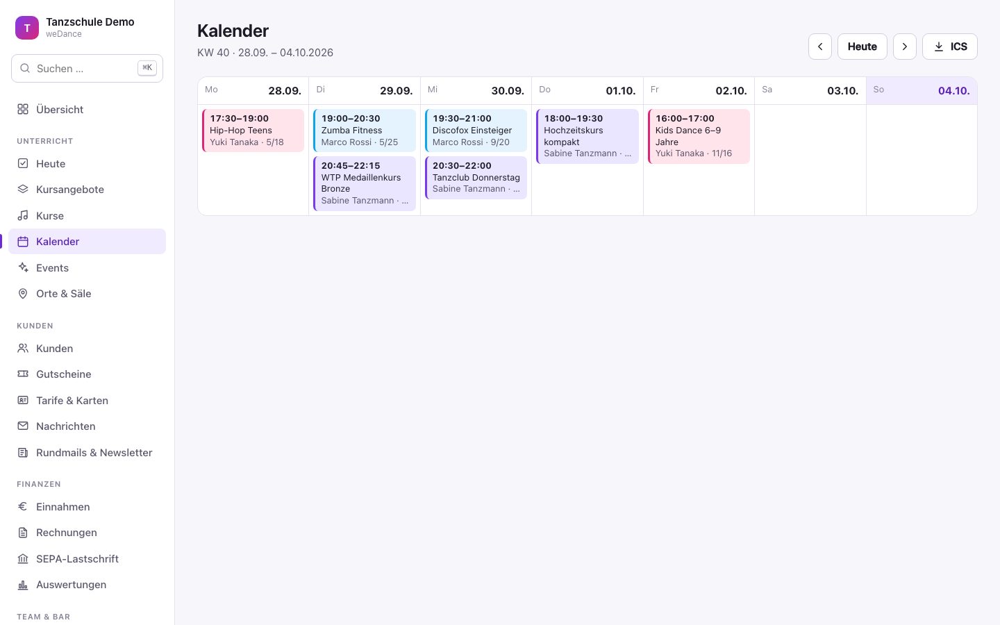 Tanzkurskalender mit Lehrerfarben