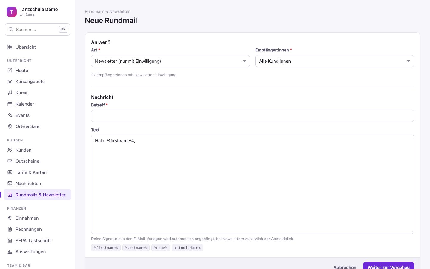 Newsletter & Email-Bestätigungen in weDance