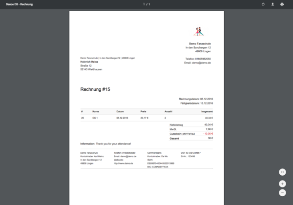 Tanzkurs Rechnung als PDF