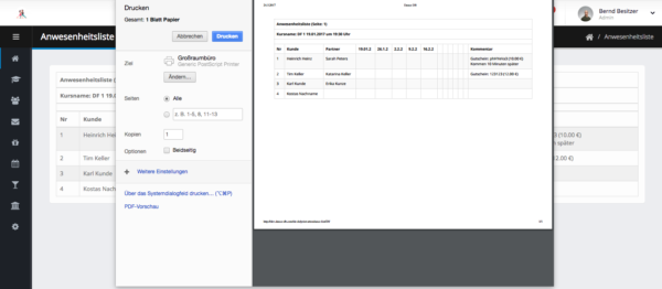 Anwesenheitsliste drucken