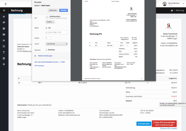 Tanzkurs Rechnung drucken